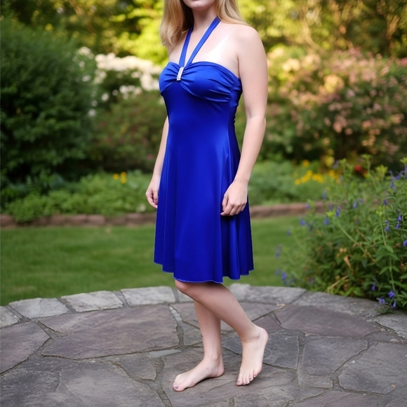 B. Wear Too ✦ Blue Halter Mini Dress ✦ Crystal Accent w/ Satin Glow & Ruffle Hem - Picture 3 of 13